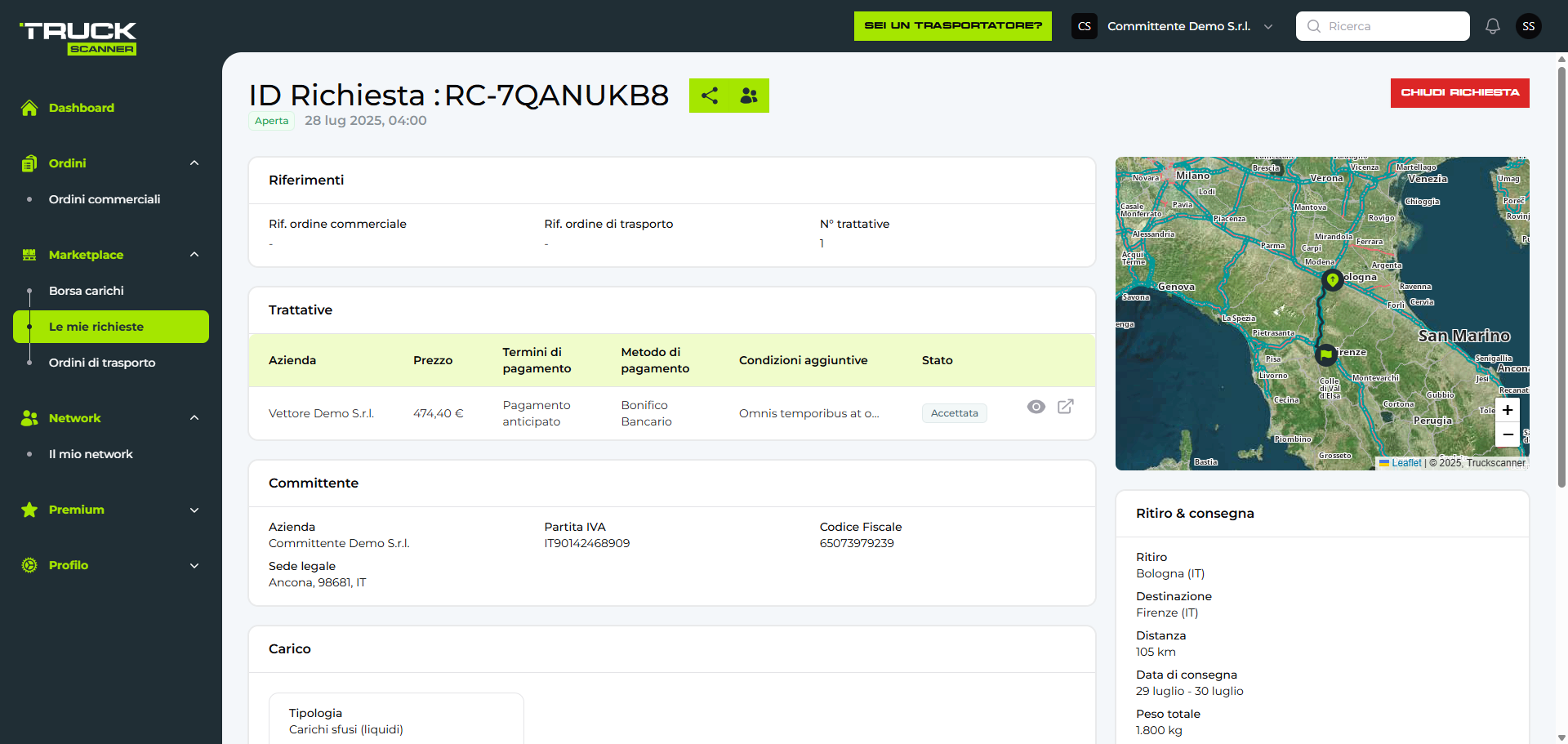 Dettagli Le mie richieste su app Truckscanner